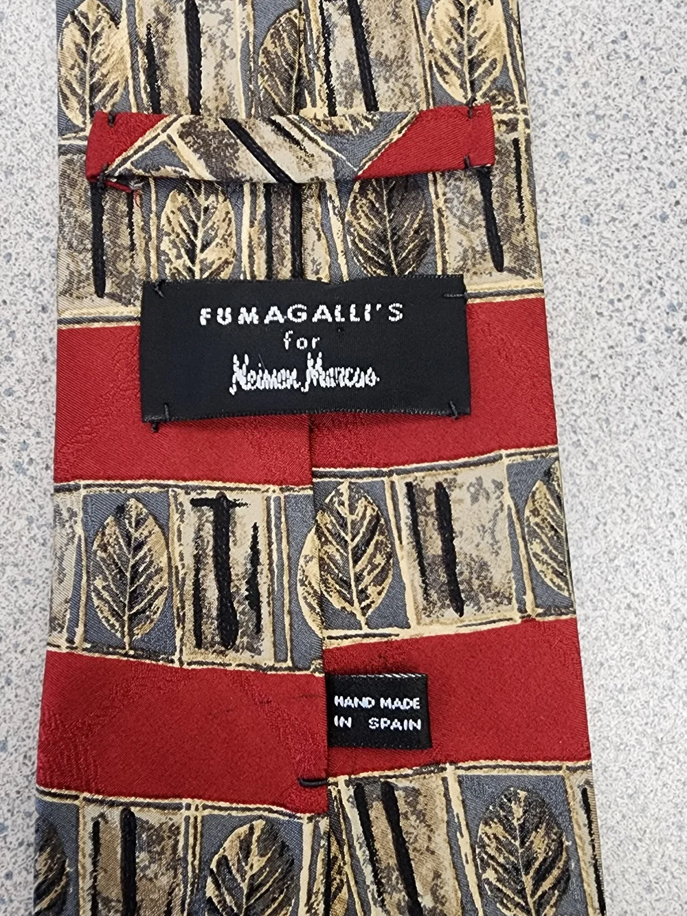 Fumagalli's for Neiman Marcus Red Gold Leaf Printed Silk Tie Spain